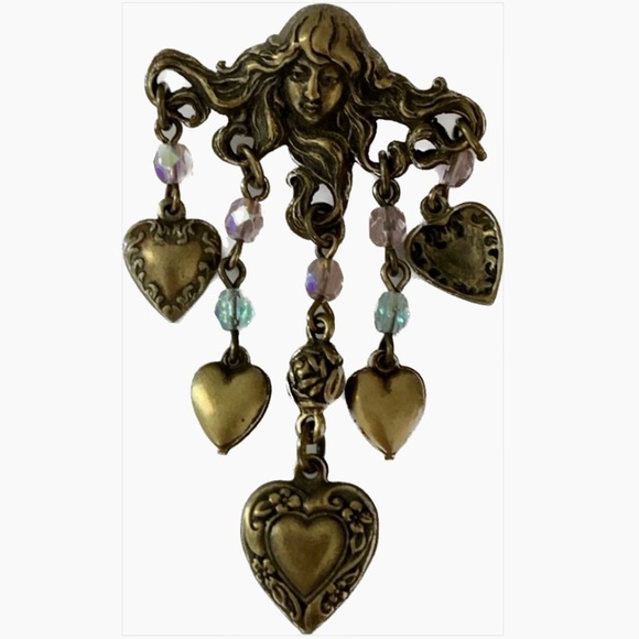 SWEET ROMANCE bronze tone pin,  Celtic lady w/ dangling heart charms. - Picture 1 of 8